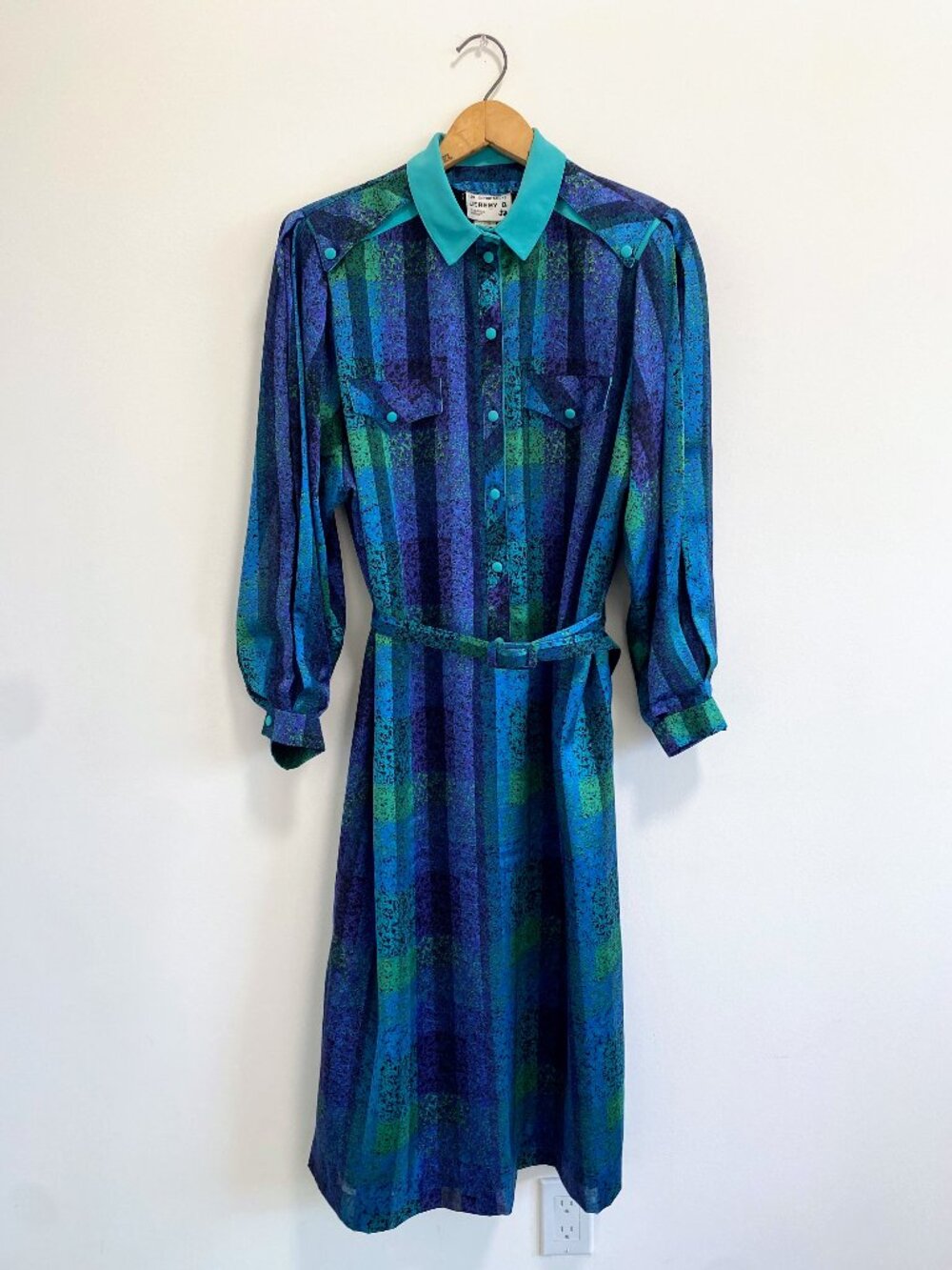 Vintage Satin Blue + Turquoise Button Up House Dress / 80s / Made in Canada